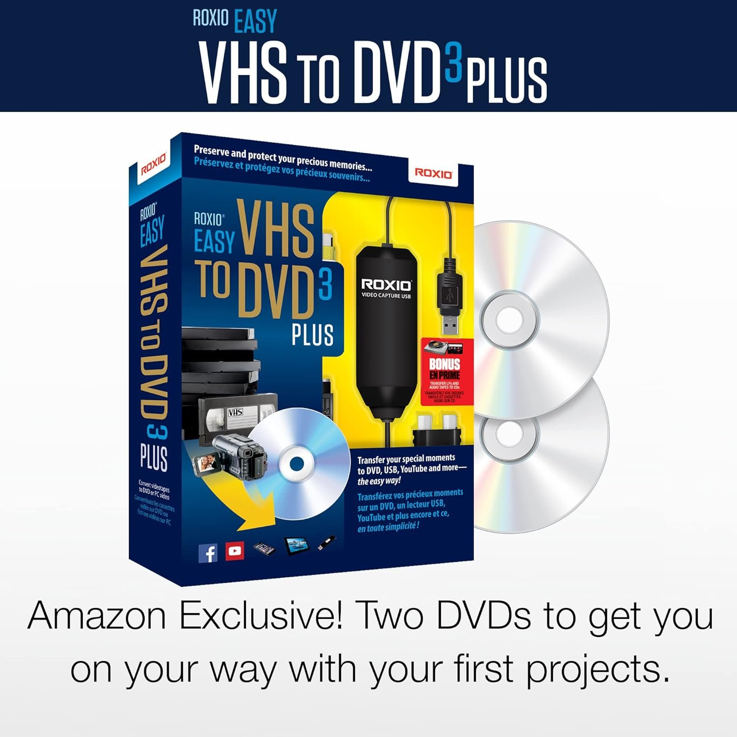 Roxio Easy VHS to DVD 3 Plus | VHS, Hi8, V8 Video to DVD or Digital Converter | Amazon Exclusive 2 Bonus DVDs [Windows]