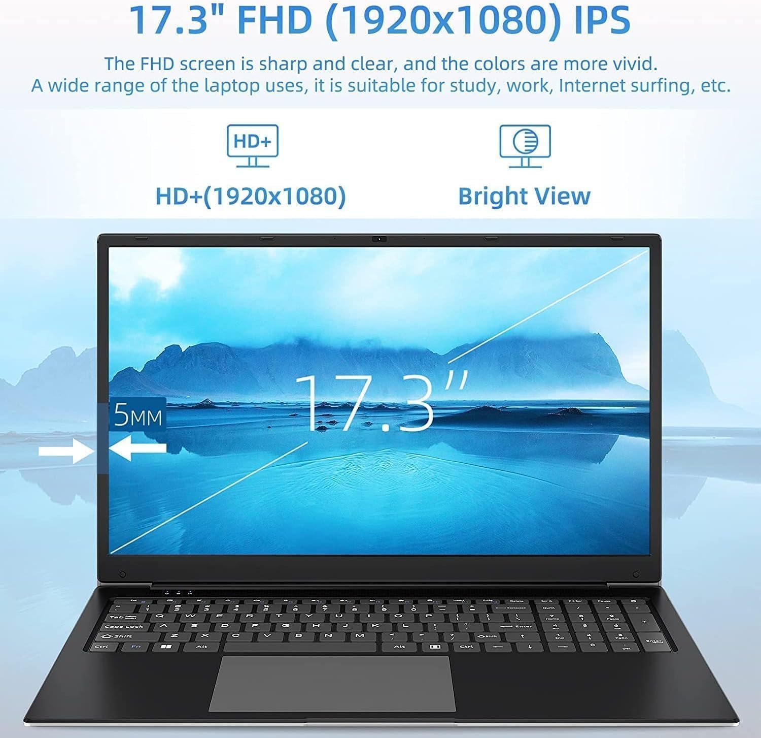 SGIN Laptop Computer, 17 inch Laptop with Intel Core i3-5005U Processor, 4GB DDR4, 128GB SSD, FHD 1920 * 1080 Display, WiFi, USB3.2, Type_C, 8000mAh Battery