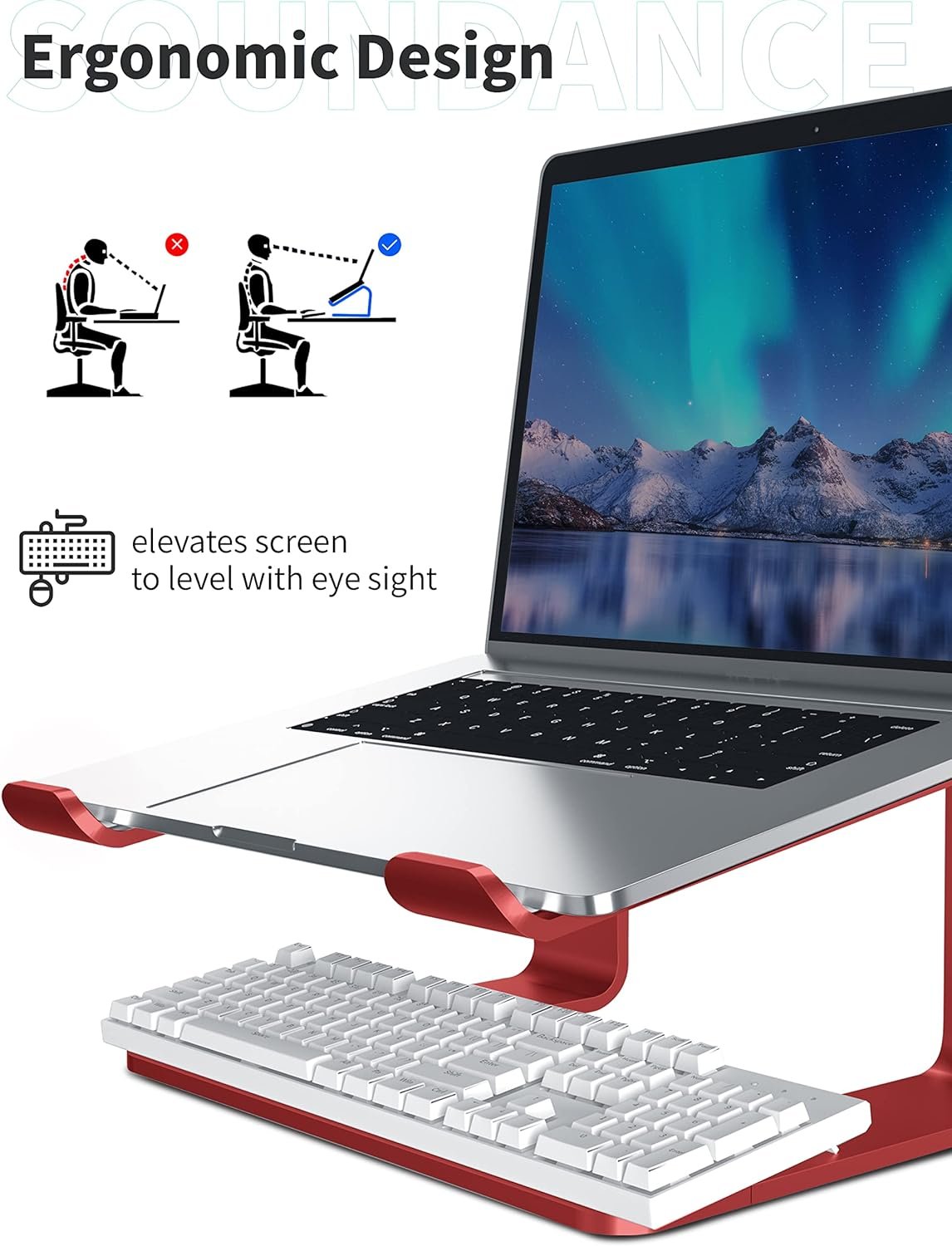 SOUNDANCE Laptop Stand, Aluminum Computer Riser, Ergonomic Laptops Elevator for Desk, Metal Holder Compatible with 10 to 15.6 Inches Notebook Computer, Silver