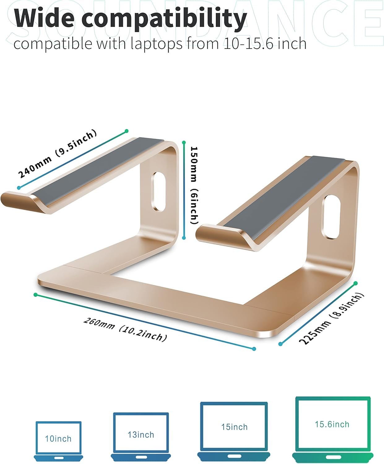 SOUNDANCE Laptop Stand, Aluminum Computer Riser, Ergonomic Laptops Elevator for Desk, Metal Holder Compatible with 10 to 15.6 Inches Notebook Computer, Silver