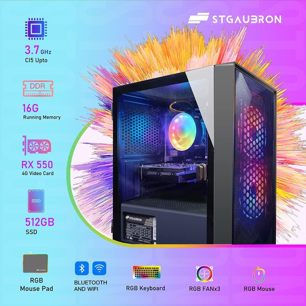 STGAubron Gaming Desktop PC, Intel Core I5 3.3Ghz up to 3.7Ghz, AMD Radeon RX 550 4G GDDR5, 16G Ram, 512G SSD, WiFi, BT 5.0, RGB Fan x 3, RGB Keybaord  Mouse, RGB Mouse Pad, W10H64