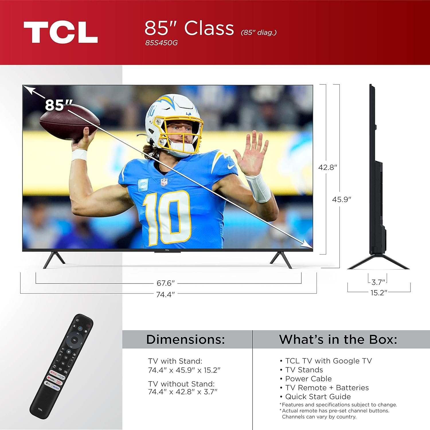 TCL 50-Inch Class S4 4K LED Smart TV with Google (50S450G, 2023 Model), Dolby Vision, HDR Pro, Atmos, Assistant Built-in Voice Remote, Works Alexa, Streaming UHD Television