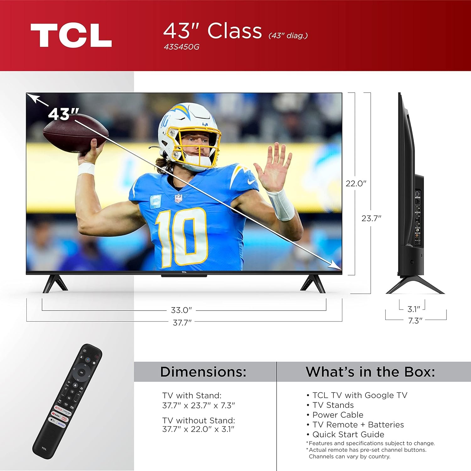 TCL 50-Inch Class S4 4K LED Smart TV with Google (50S450G, 2023 Model), Dolby Vision, HDR Pro, Atmos, Assistant Built-in Voice Remote, Works Alexa, Streaming UHD Television