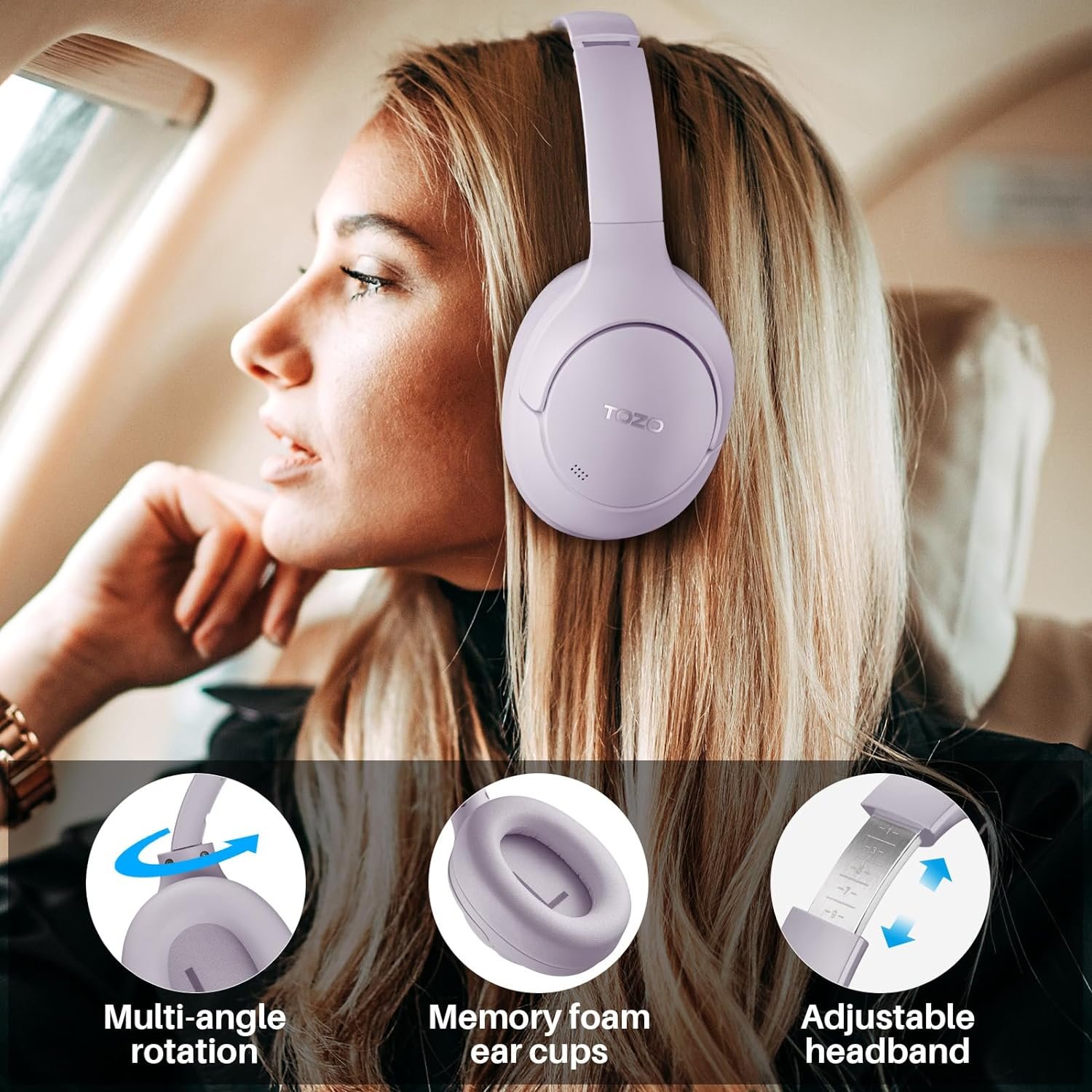 TOZO HT2 Hybrid Active Noise Cancelling Headphones, Wireless Over Ear Bluetooth Headphones, 60H Playtime, Hi-Res Audio Custom EQ via App Deep Bass Comfort Fit Ear Cups, for Home Office Travel