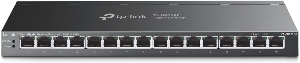 TP-Link TL-SG116P | 16 Port Gigabit PoE Switch | 16 PoE+ Ports @120W | Plug  Play | Extend, Priority  Isolation Mode | PoE Auto Recovery | Fanless | QoS  IGMP Snooping