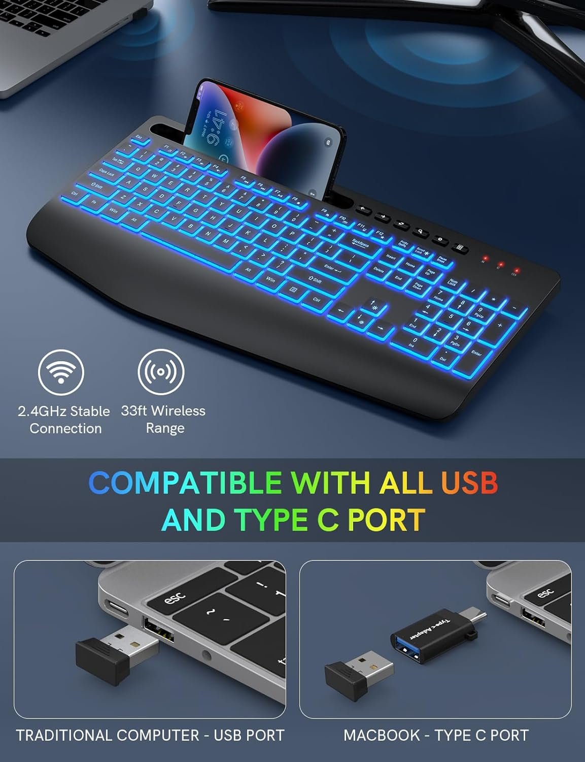 Trueque Wireless Keyboard with 7 Colored Backlits, Wrist Rest, Phone Holder, Rechargeable Ergonomic Keyboard with Silent Light Up Keys, Cordless Computer Keyboard for Windows, Mac, PC, Laptop (Black)