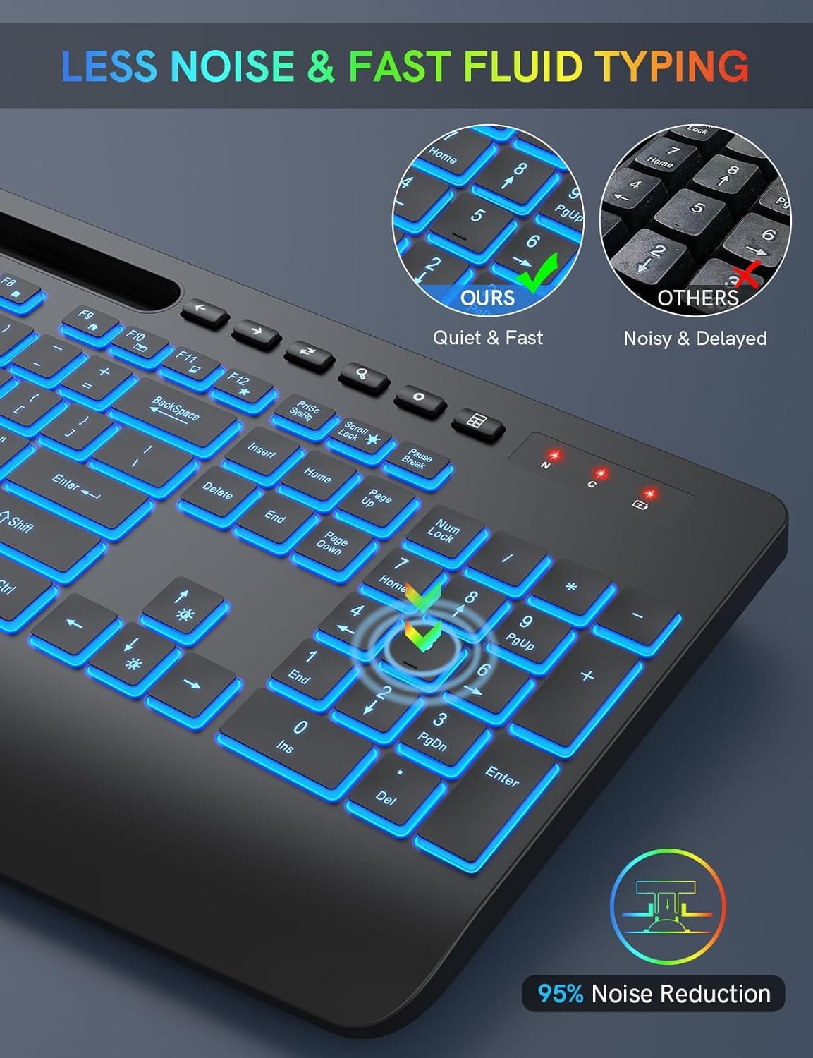 Trueque Wireless Keyboard with 7 Colored Backlits, Wrist Rest, Phone Holder, Rechargeable Ergonomic Keyboard with Silent Light Up Keys, Cordless Computer Keyboard for Windows, Mac, PC, Laptop (Black)