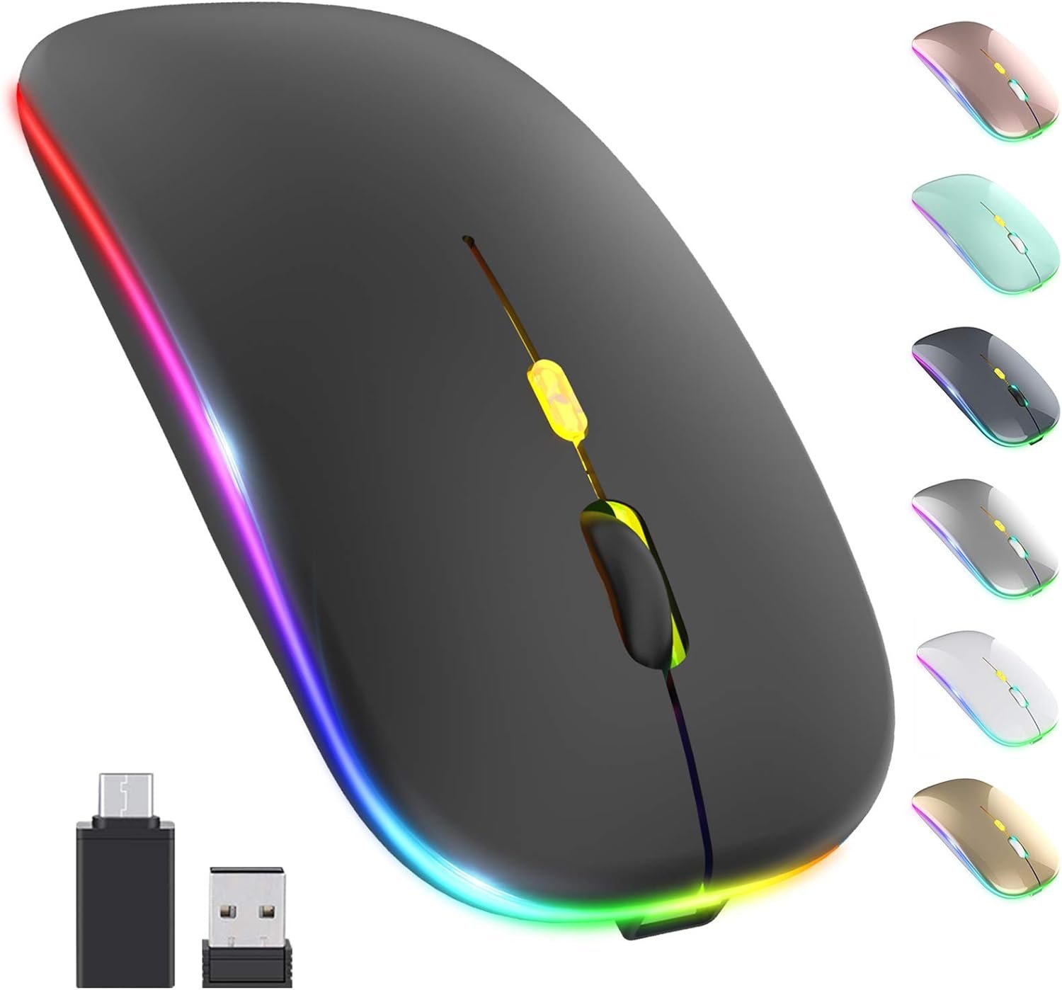 【Upgrade】 LED Wireless Mouse, Slim Silent Mouse 2.4G Portable Mobile Optical Office Mouse with USB  Type-c Receiver, 3 Adjustable DPI Levels for Notebook, PC, Laptop, Computer, MacBook (Black)