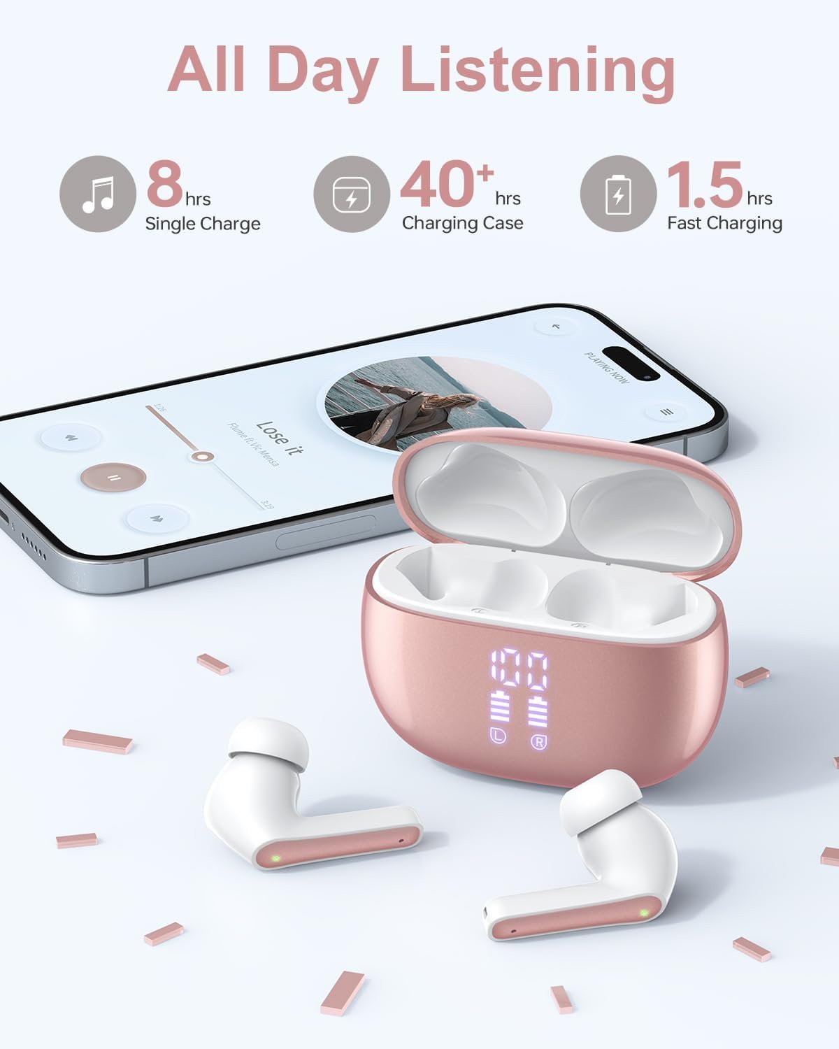 Wireless Earbuds Bluetooth Headphones, 40H Playtime Stereo IPX5 Waterproof Ear Buds, LED Power Display Cordless in-Ear Earphones with Microphone for iOS Andriod Cell Phone Sports