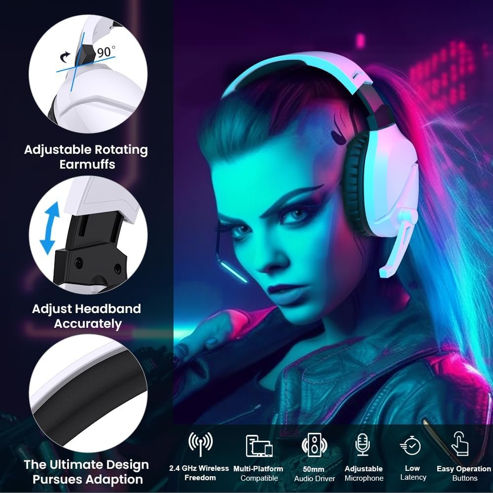 Wireless Gaming Headset with Noise Canceling Microphone for PS5, PC, PS4, 2.4G/Bluetooth Gaming Headphones with USB and Type-c Connector, Wired Mode for Controller