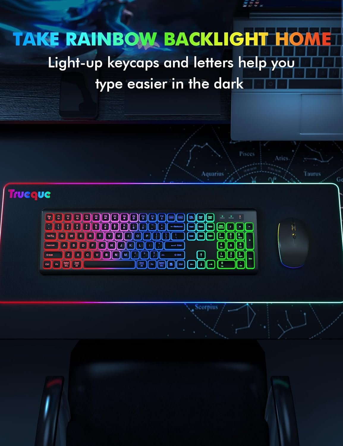 Wireless Keyboard and Mouse Combo - RGB Backlit, Rechargeable  Light Up Letters, Full-Size, Ergonomic Tilt Angle, Sleep Mode, 2.4GHz Quiet Keyboard Mouse for Mac, Windows, Laptop, PC, Trueque