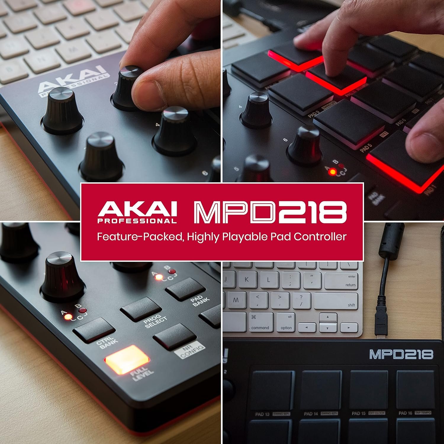 AKAI Professional MPD218 - USB MIDI Controller with 16 MPC Drum Pads, 6 Assignable Knobs, Note Repeat  Full Level Buttons and Production Software