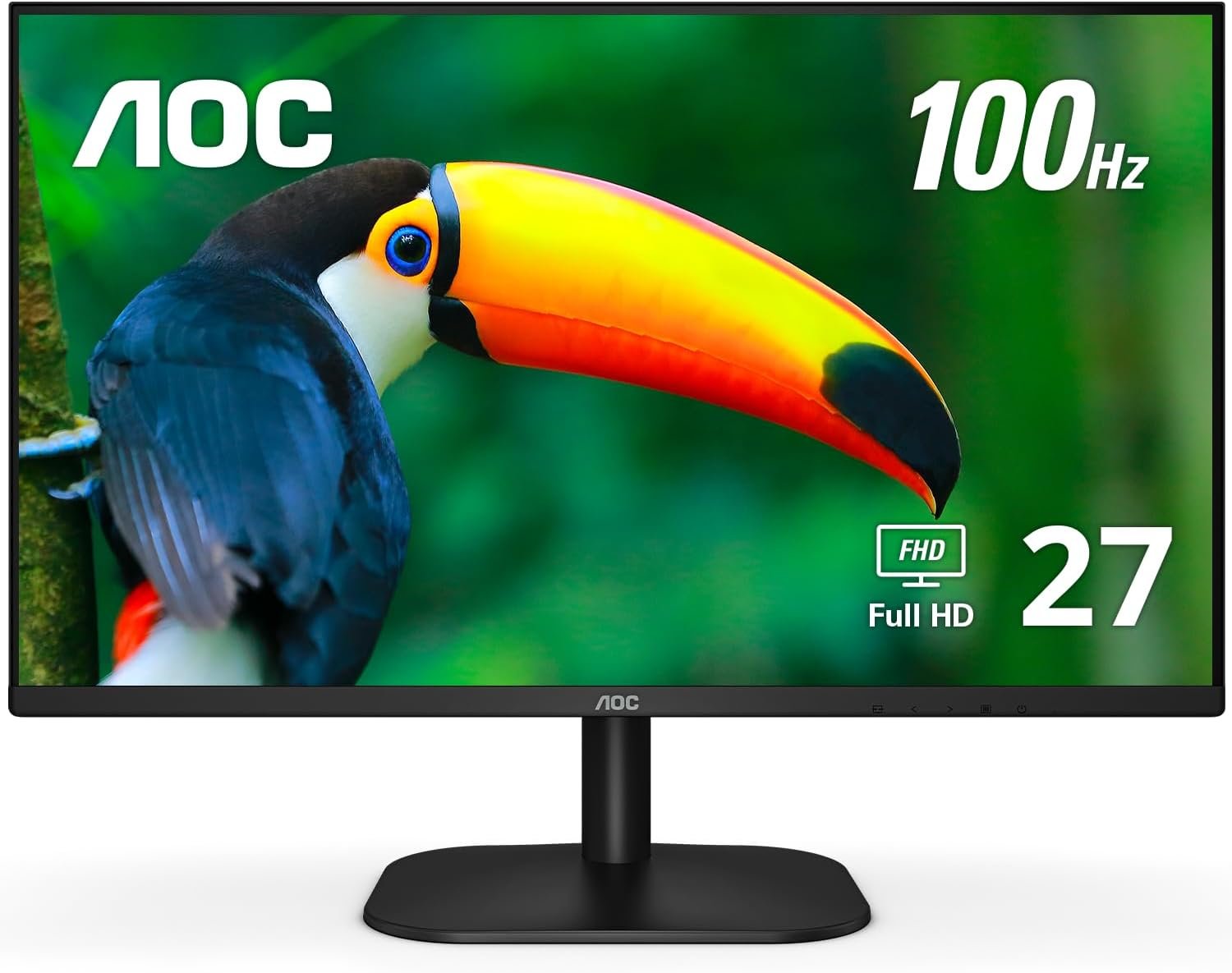 AOC 27B2H2 27” Frameless IPS Monitor, FHD 1920x1080, 100Hz, 101% sRGB, for Home and Office, HDMI and VGA Input, Low Blue Mode, VESA Compatible,Black