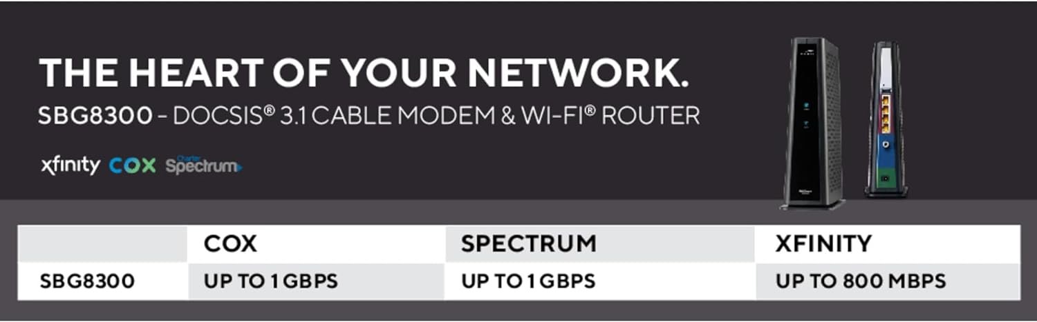 ARRIS DOCSIS 3.1 WiFi 6 Cable Modem  Router, 1Gbps Max Speeds, 4 Ports - REFURBISHED