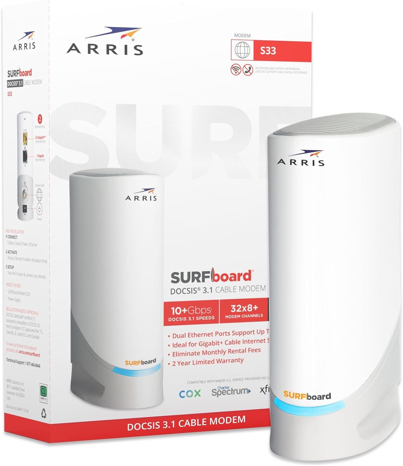 ARRIS DOCSIS 3.1 WiFi 6 Cable Modem  Router, 1Gbps Max Speeds, 4 Ports - REFURBISHED