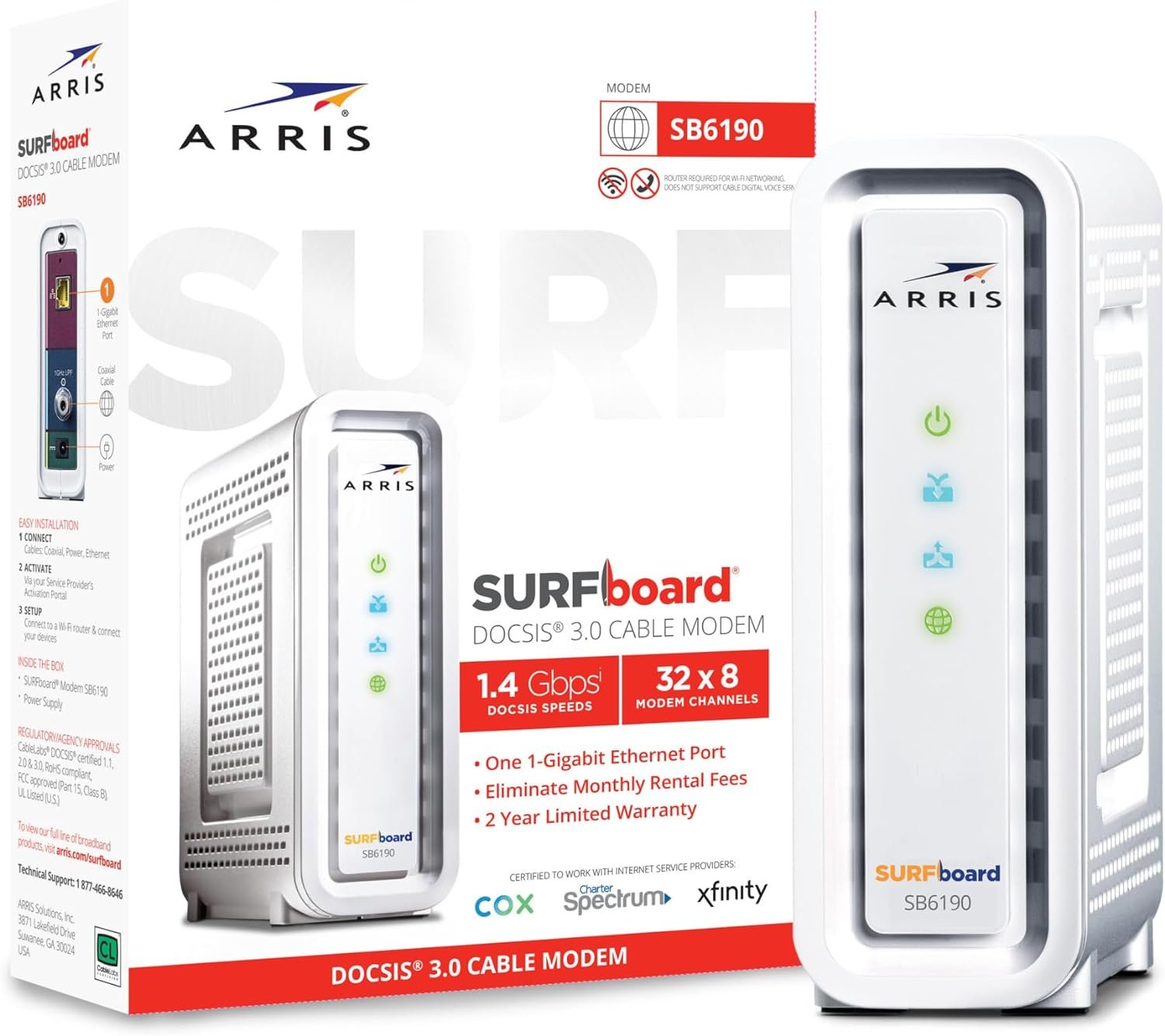 ARRIS SURFboard - SB6190 - Renewed - DOCSIS 3.0 32 x 8 Gigabit Cable Modem, Comcast Xfinity, Cox, Spectrum, 1 Gbps Port, 800 Mbps Max Speeds, Easy Set-up with SURFboard Central App - Renewed