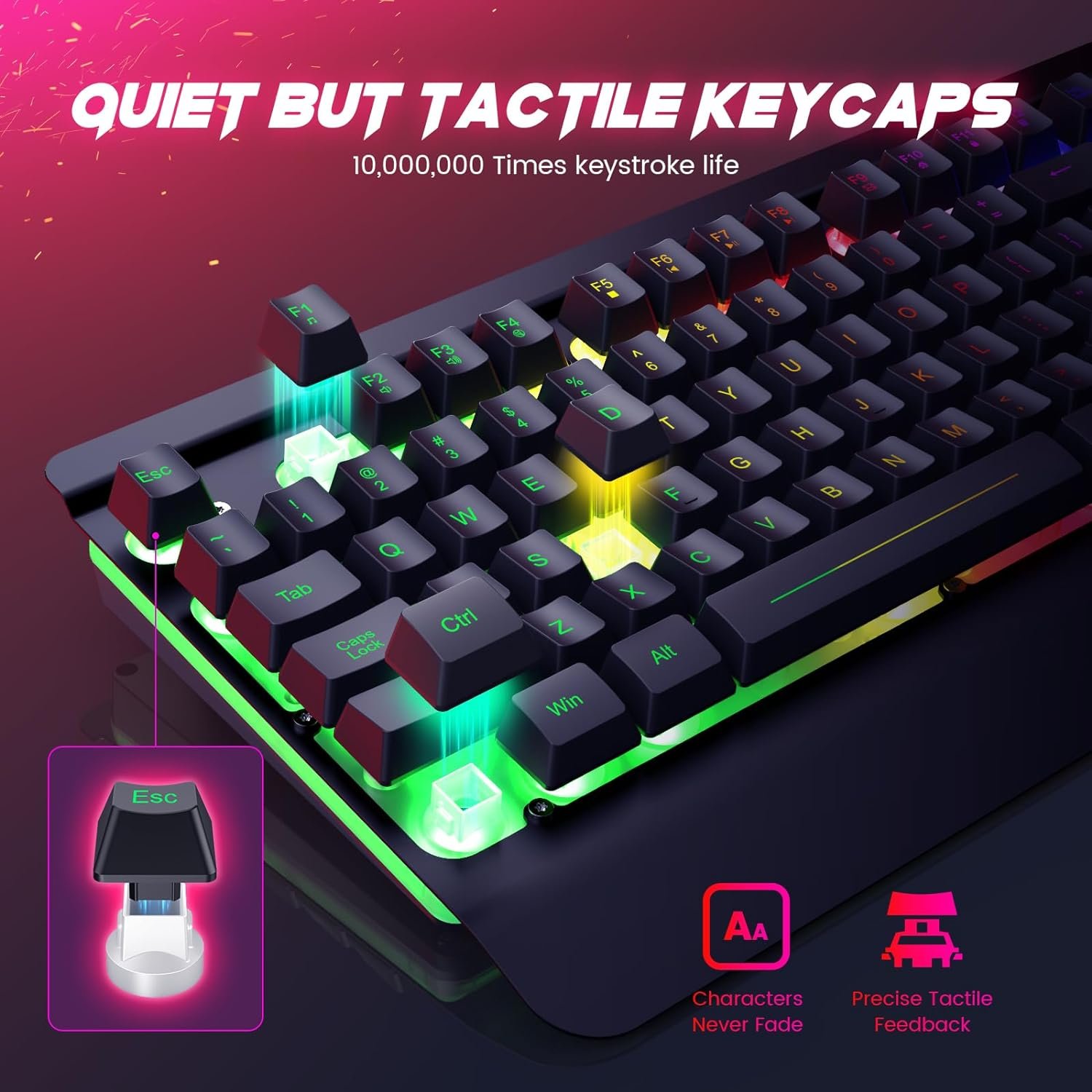 Dacoity Gaming Keyboard, 104 Keys All-Metal Panel, Rainbow LED Backlit Quiet Computer Keyboard, Wrist Rest, Multimedia Keys, Anti-ghosting Keys, Waterproof Light Up USB Wired Keyboard for PC Mac Xbox