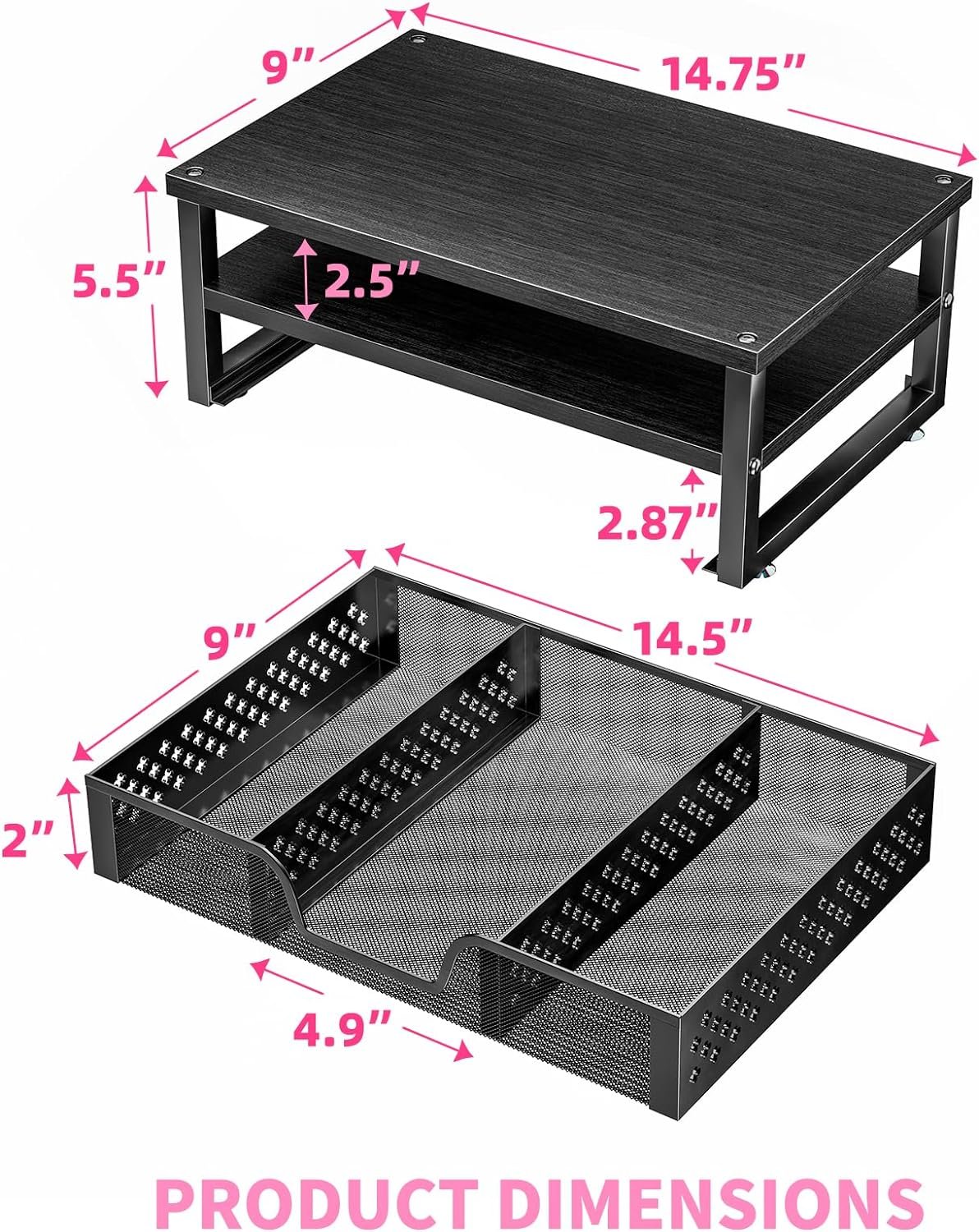 Ekisemio 2-Tier Wood Monitor Stand Riser, Computer Desk Organizer for Laptop, Computer, Printer, iMac, Black