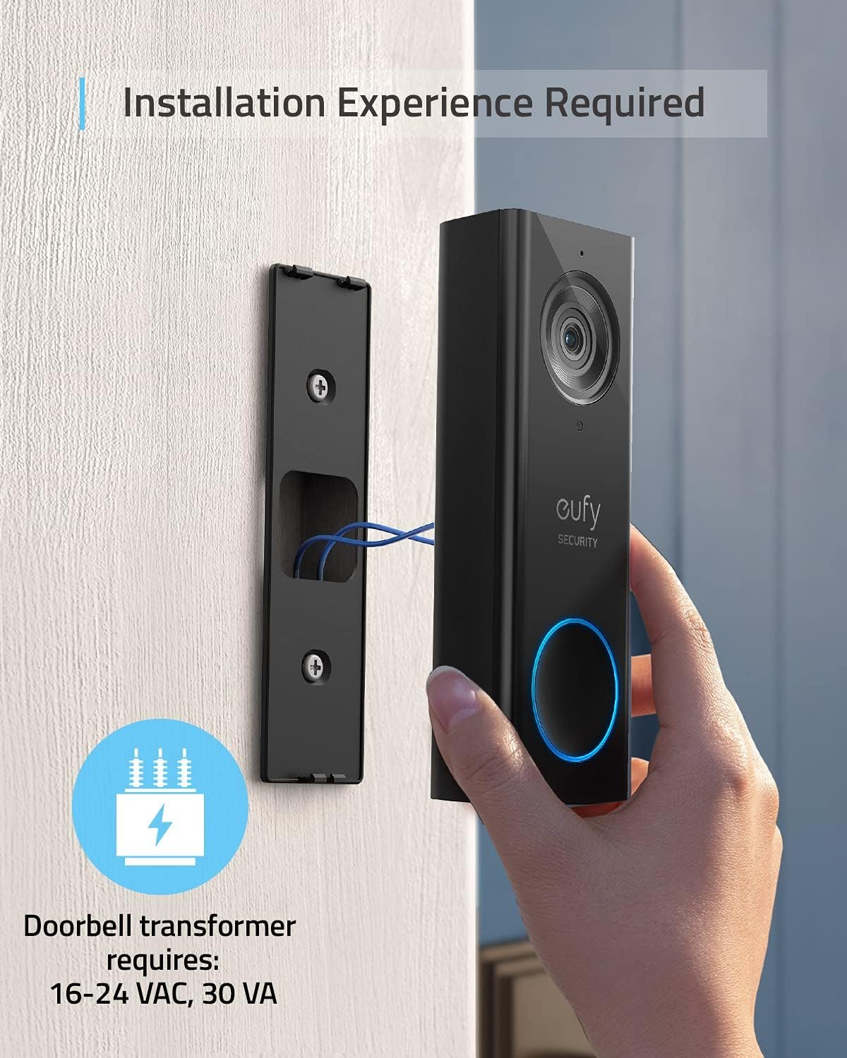 eufy Security, Wi-Fi Doorbell Camera, 2K Resolution, No Monthly Fees, Local Storage, Human Detection, with Wireless Chime—Requires Existing Doorbell Wires and Installation Experience, 16-24 VAC, 30 VA