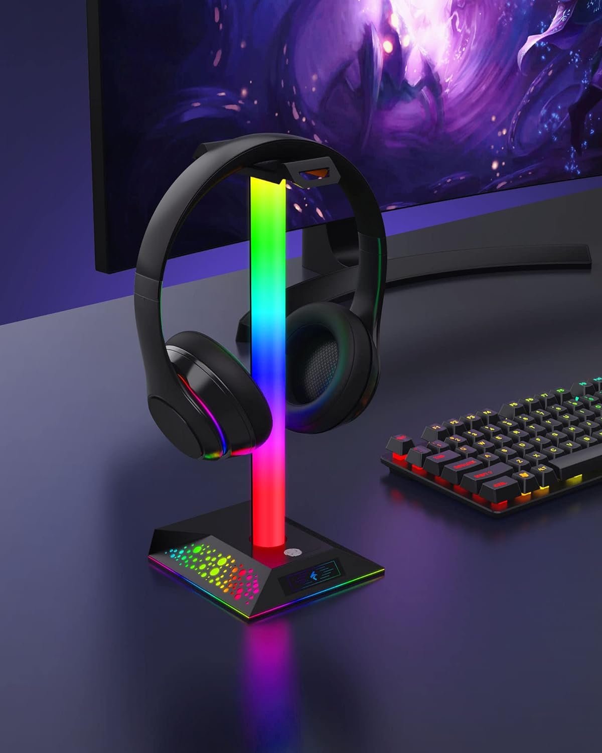 Gaming Headphone Stand PC Accessories - RGB Headset Stand with 2 USB Charger, Cool LED Headphone Holder PC Gaming Accessories Gift for Boys Men Gamers, Computer Game Hardware for Desk