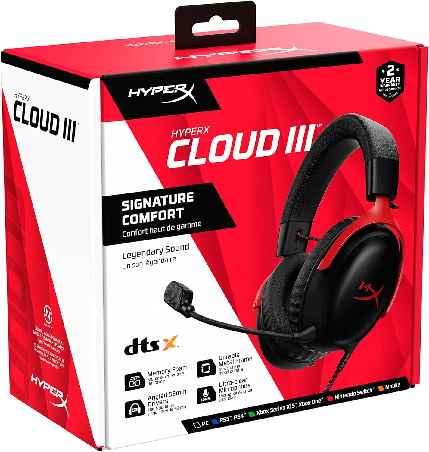 HyperX Cloud III – Wired Gaming Headset, PC, PS5, Xbox Series X|S, Angled 53mm Drivers, DTS Spatial Audio, Memory Foam, Durable Frame, Ultra-Clear 10mm Mic, USB-C, USB-A, 3.5mm – Black