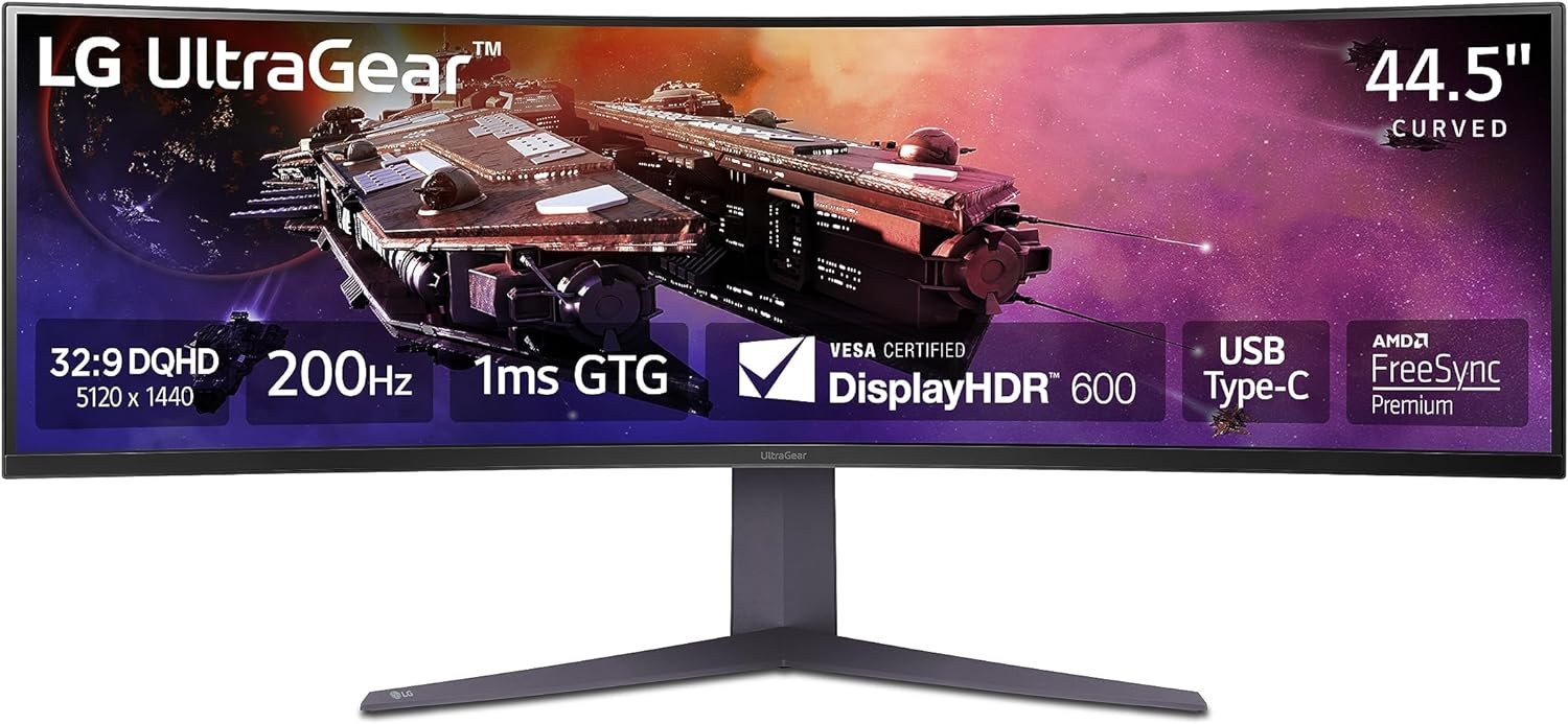 LG 45GR65DC-B 45-inch Ultragear Curved Gaming Monitor, QHD, 200Hz, 1ms, UltraWide Display, 32:9, AMD FreeSync Premium Pro, VESA DisplayHDR 600, HDMI 2.1 x2, DP, UBS x3, Tilt/Height/Swivel Stand Black