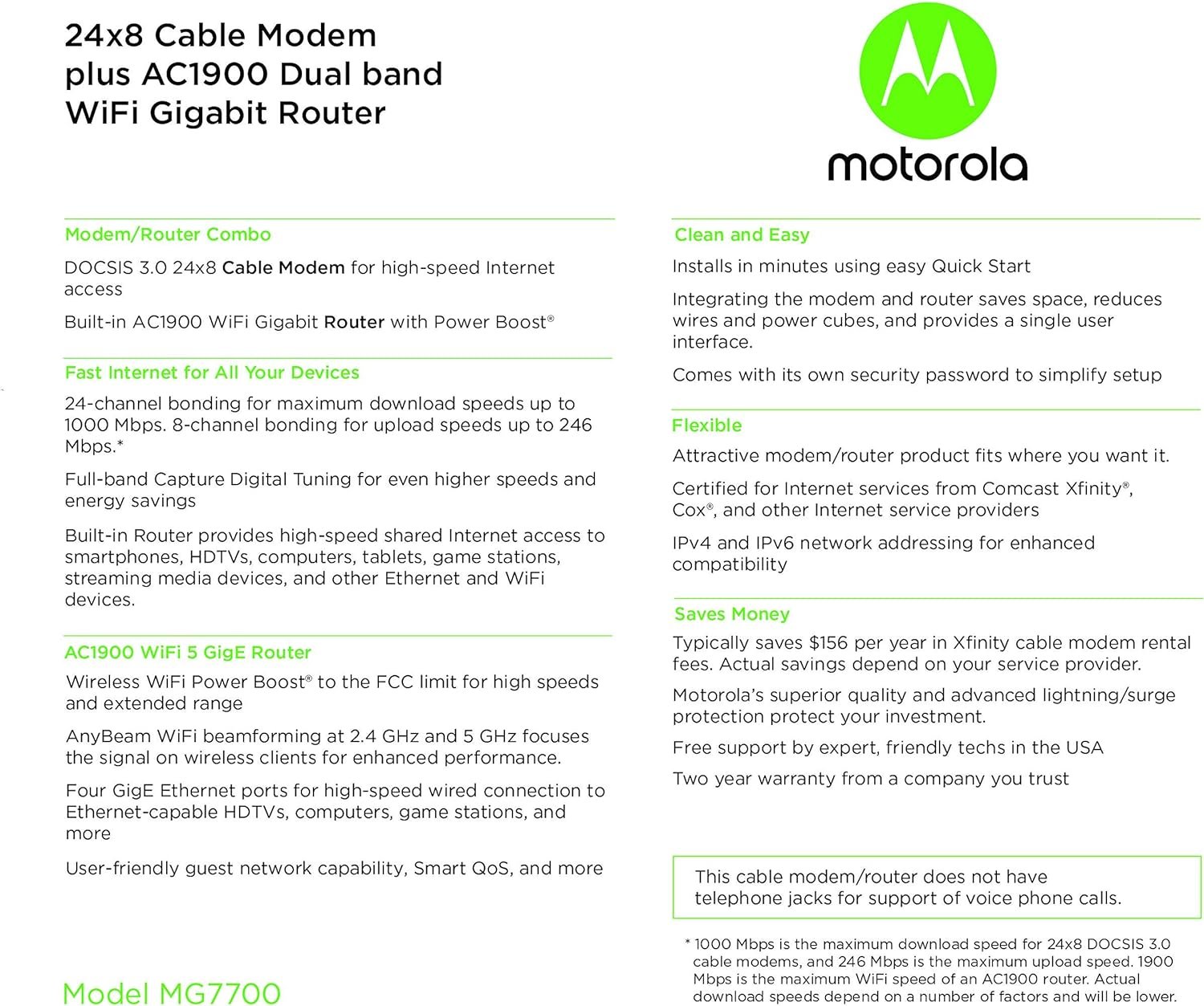 Motorola MG7700 Modem WiFi Router Combo with Power Boost | Approved by Comcast Xfinity, Cox and Spectrum | for Cable Plans Up to 800 Mbps | DOCSIS 3.0 + Gigabit Router