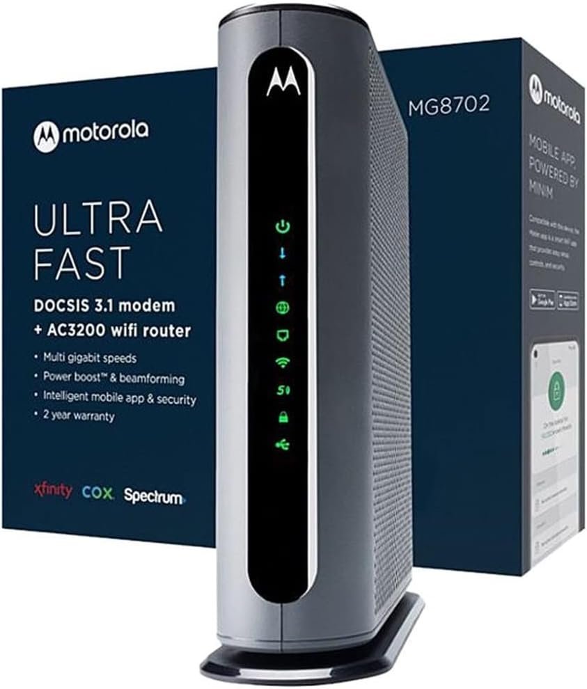 Motorola MG7700 Modem WiFi Router Combo with Power Boost | Approved by Comcast Xfinity, Cox and Spectrum | for Cable Plans Up to 800 Mbps | DOCSIS 3.0 + Gigabit Router