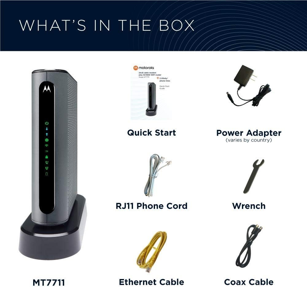 Motorola MT7711 24X8 Cable Modem/Router with Two Phone Ports, DOCSIS 3.0 Modem, and AC1900 Dual Band WiFi Gigabit Router, for Comcast XFINITY Internet and Voice