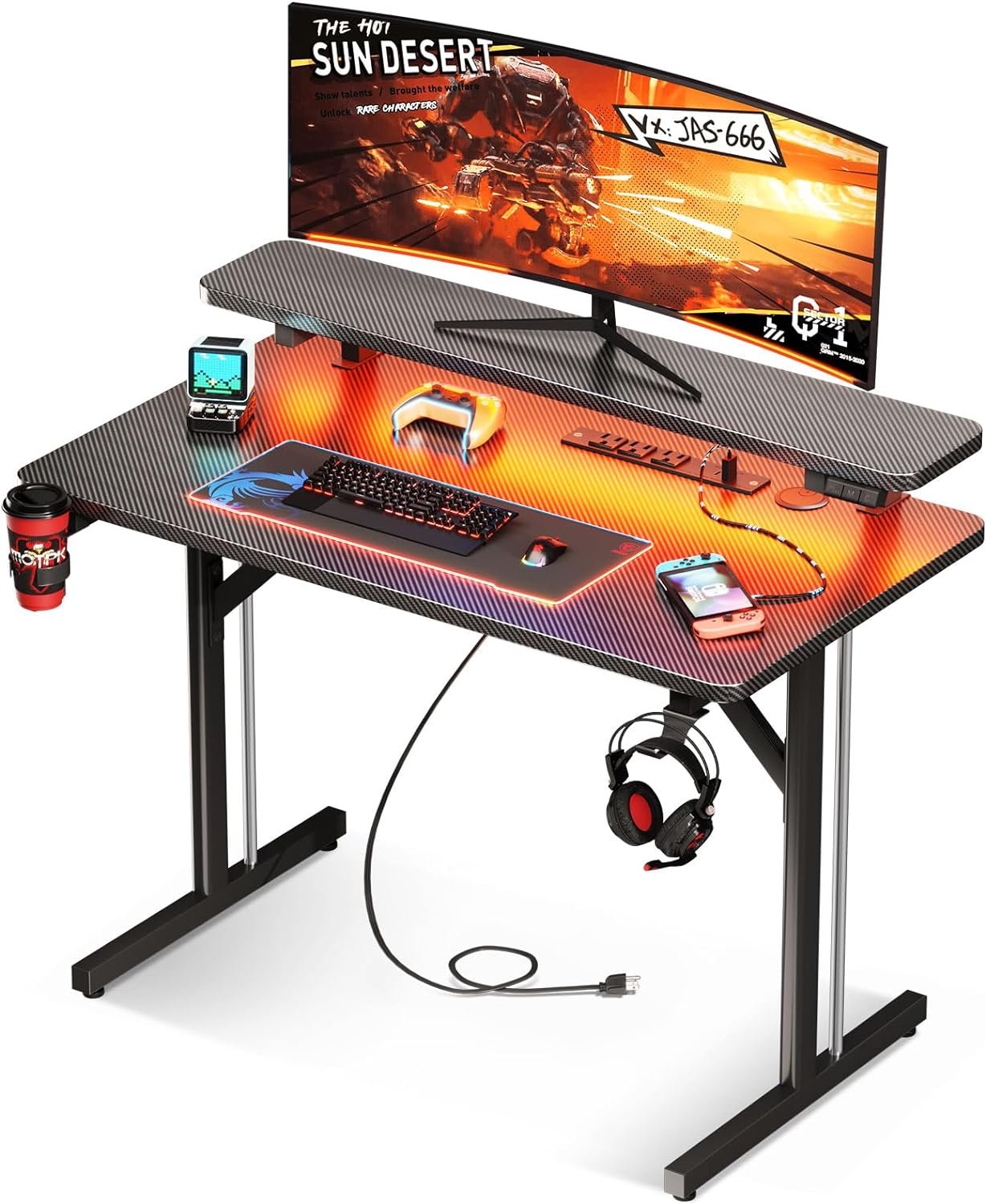 MOTPK Small Gaming Desk with LED Lights  Power Outlets, 31 Inch Computer Desk Gaming Table with Monitor Shelf, Gamer Desk with Carbon Fiber Texture, Kids Boys Desk Gift for Men