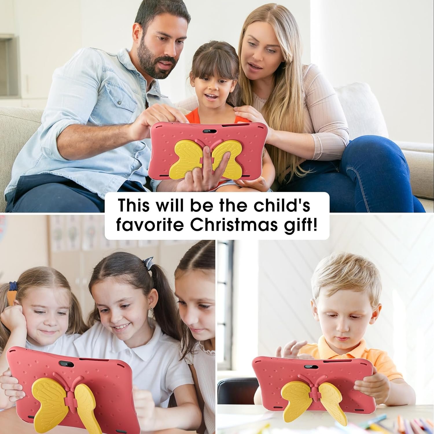 Naclud Tablet for Kids, 10 Inch Android 12 Kids Tablet with Kids Case, 2GB RAM 64GB ROM, 5000mAh, 1280 * 800 Display, Dual Camera, WiFi, Educational Games, Yellow Butterfly Handle