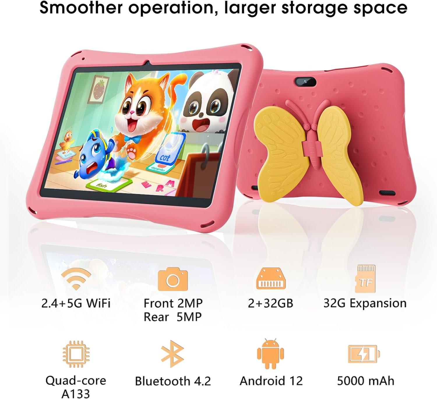 Naclud Tablet for Kids, 10 Inch Android 12 Kids Tablet with Kids Case, 2GB RAM 64GB ROM, 5000mAh, 1280 * 800 Display, Dual Camera, WiFi, Educational Games, Yellow Butterfly Handle