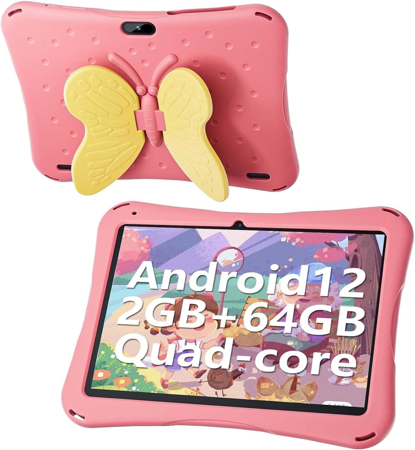 Naclud Tablet for Kids, 10 Inch Android 12 Kids Tablet with Kids Case, 2GB RAM 64GB ROM, 5000mAh, 1280 * 800 Display, Dual Camera, WiFi, Educational Games, Yellow Butterfly Handle