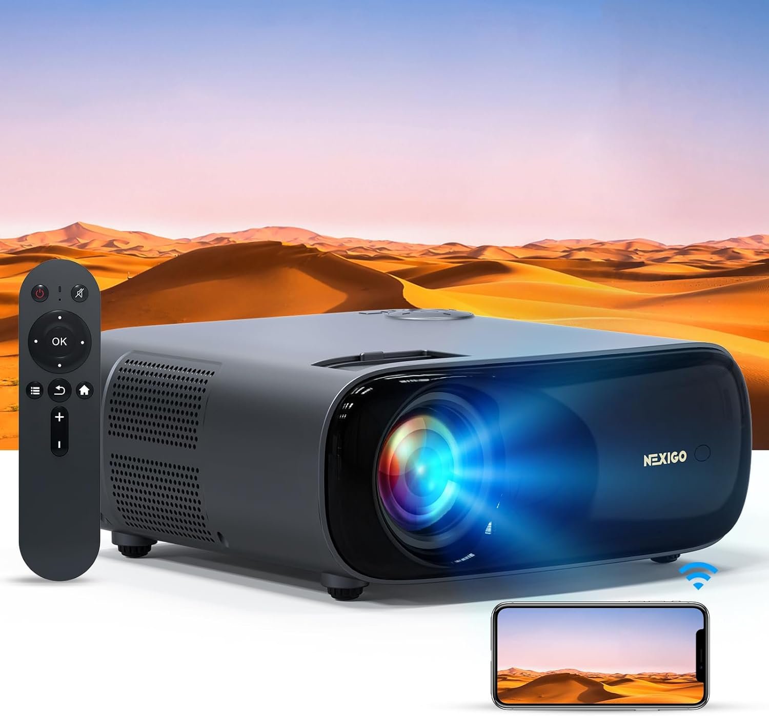 NexiGo PJ40 Projector with WiFi and Bluetooth, Native 1080P, 4K Supported, Projector for Outdoor Movies, 300 Inch, Zoomable, 20W Speakers, Home Theater, Compatible w/TV Stick, iOS, Android (Black)