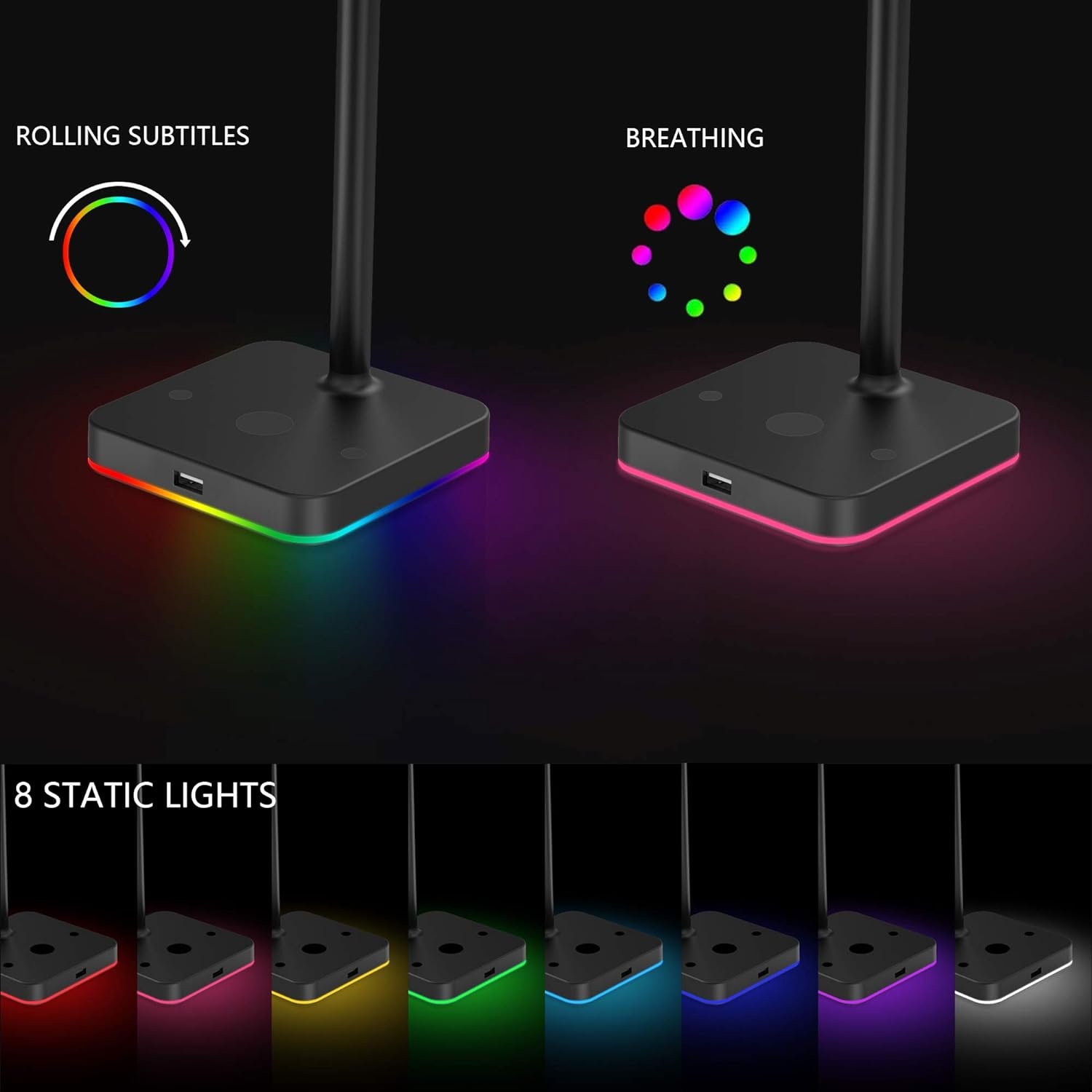 RGB Headphone Stand with USB Hub Desk Gaming Headset Holder Hanger Rack with 1 USB2.0 Extension Charging Port Extender Cord - Suitable for Gamer Desktop Table Game Earphone Accessories, Black