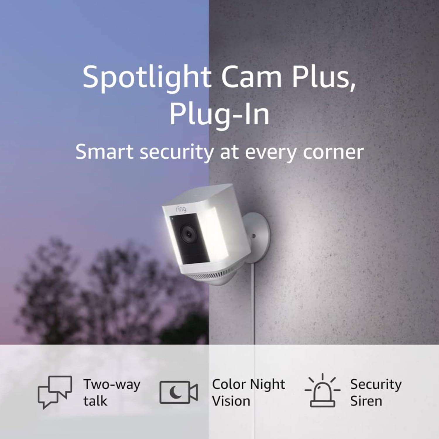 Ring Spotlight Cam Plus, Plug-in | Two-Way Talk, Color Night Vision, and Security Siren (2022 release) - White