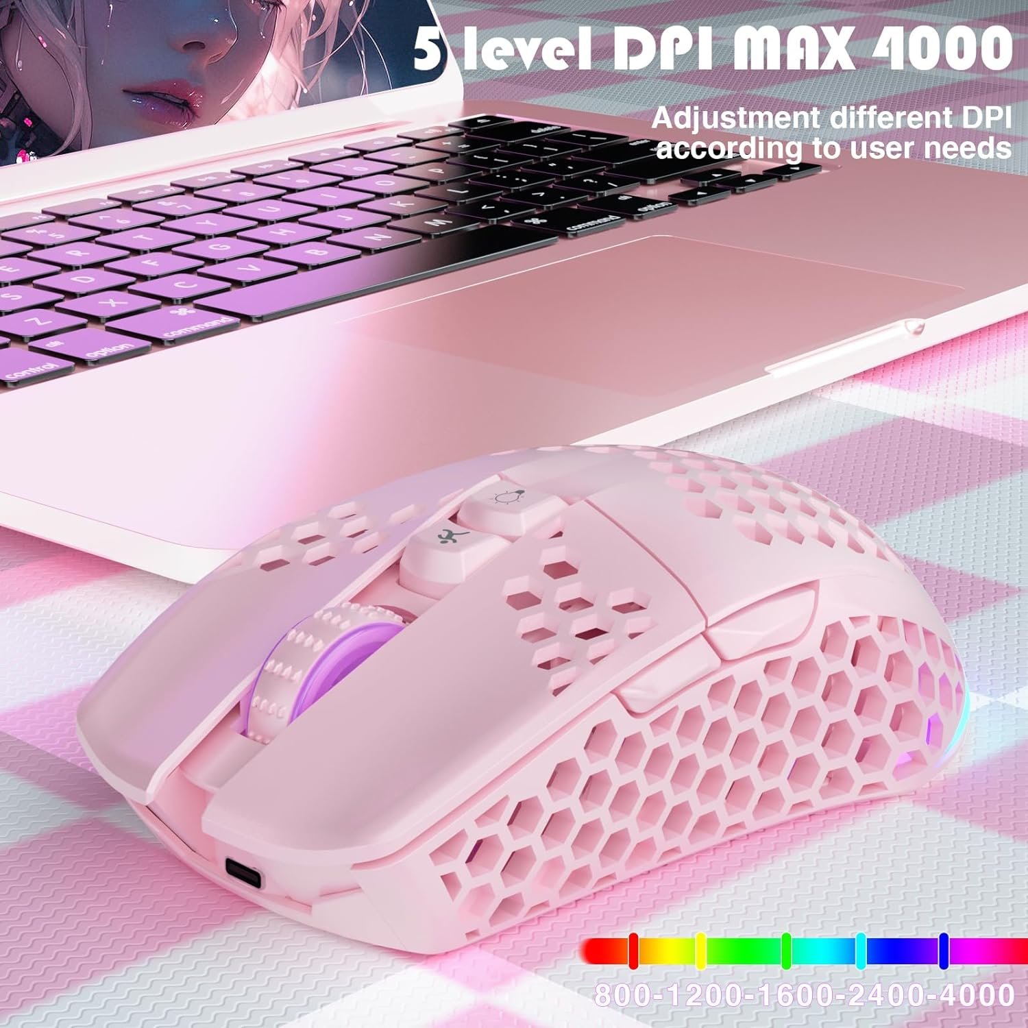 SM600 Honeycomb Shell Gaming Mouse Wireless,8000 DPI Tri-Modes Bluetooth/2.4G Wireless/Type-C Wired Gamer Mouse with 2 Side Buttons, Macro Programmable and RGB Light for PC/Mac/Laptop,Black