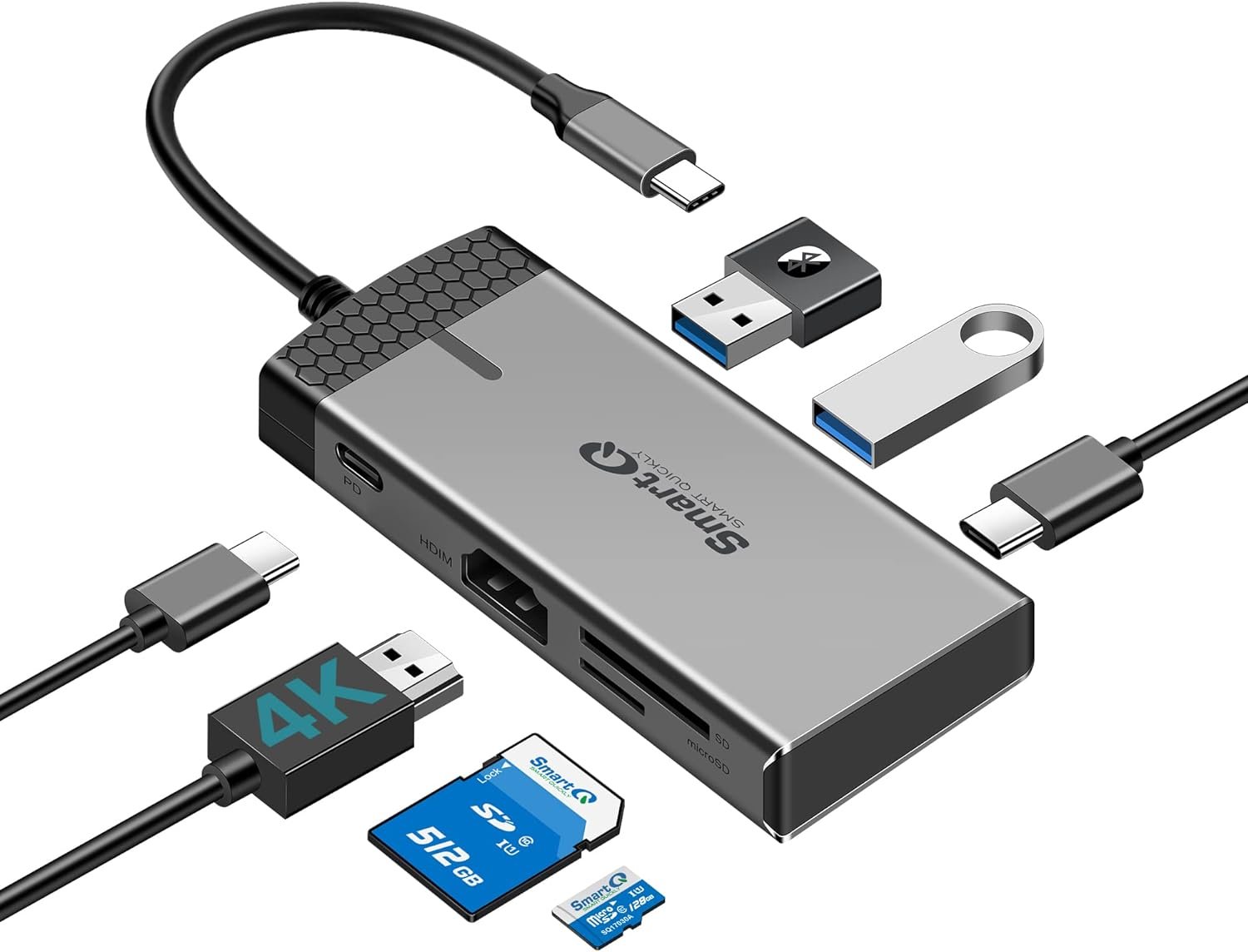 SmartQ H352 USB C Hub, USB-C Hub (7-in-1) with 4K HDMI, 100W Power Delivery, USB-C and 2 USB-A 5 Gbps Data Ports, microSD and SD Card Reader, for MacBook Air, MacBook Pro, XPS, and More