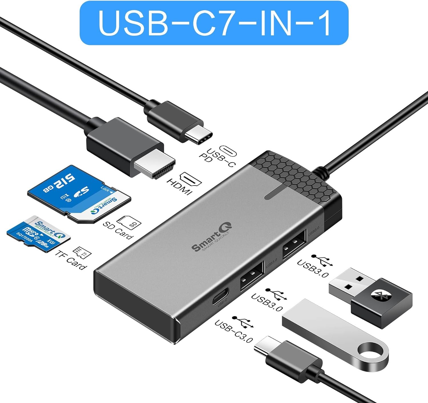 SmartQ H352 USB C Hub, USB-C Hub (7-in-1) with 4K HDMI, 100W Power Delivery, USB-C and 2 USB-A 5 Gbps Data Ports, microSD and SD Card Reader, for MacBook Air, MacBook Pro, XPS, and More