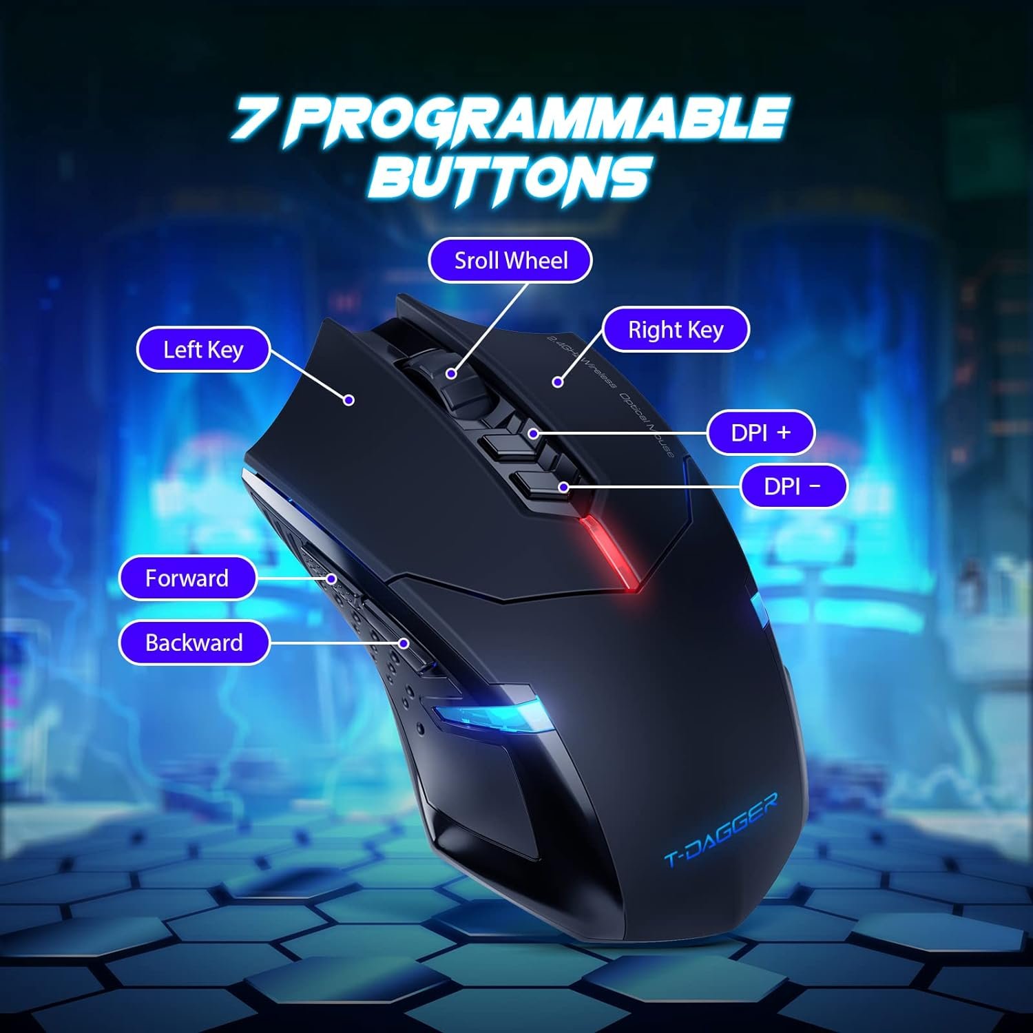 T-DAGGER Wireless Gaming Mouse- USB Cordless PC Accessories Computer Mice with LED Backlit, Ergonomic Gamer Laptop Mouse with 7 Silent Buttons, 5 Adjustable DPI Plug  Play for PC