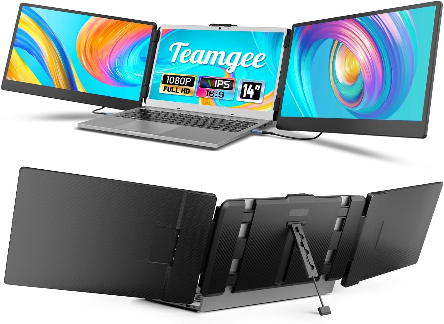 Teamgee Portable Monitor , 14” FHD 1080P IPS Laptop Screen Extender with Build-in Stand/Dual Speakers, HDMI/USB-A/Type-C Plug and Play Display for 13”-17” Laptops (Mac, Wins, Android, Dex)