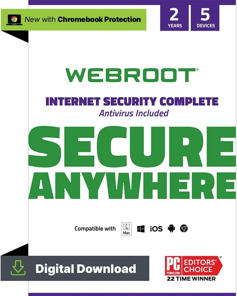 Webroot Internet Security Complete | Antivirus Software 2024 | 5 Device | 1 Year Download for PC/Mac/Chromebook/Android/IOS + Password Manager, Performance Optimizer and Cloud Backup