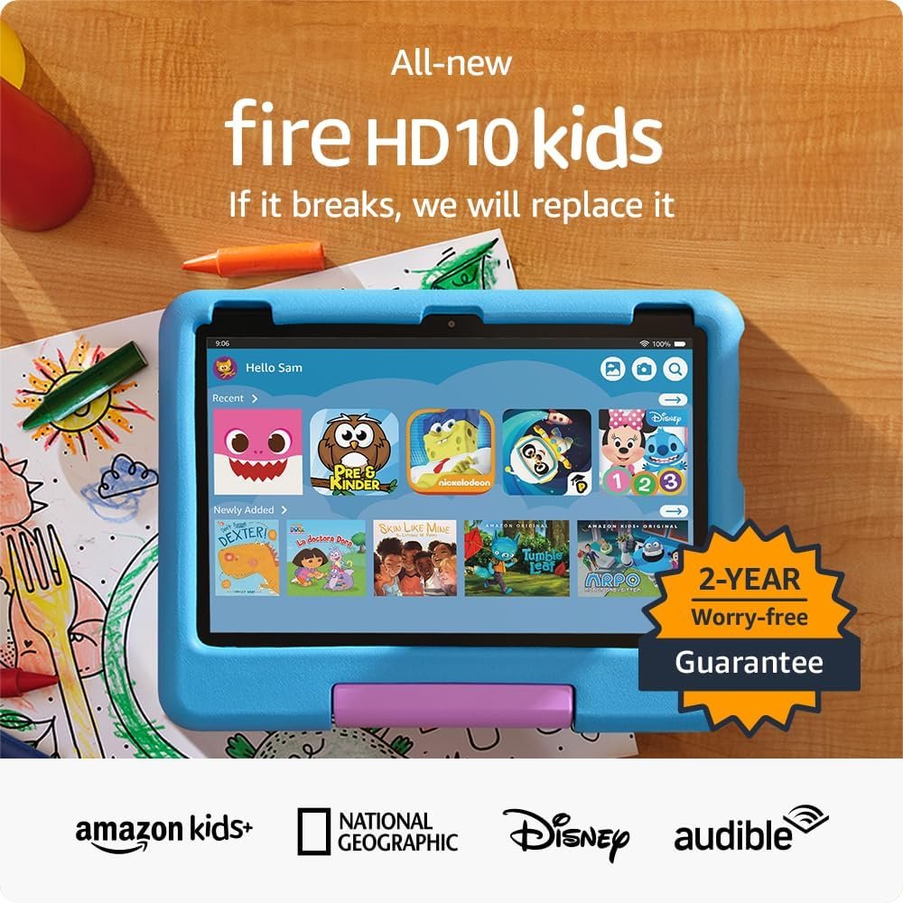 All-new Amazon Fire 10 Kids, ages 3-7 (2023). A big 10.1 HD screen | Encourage kid curiosity with a tablet designed for growing young minds. 32 GB, Blue