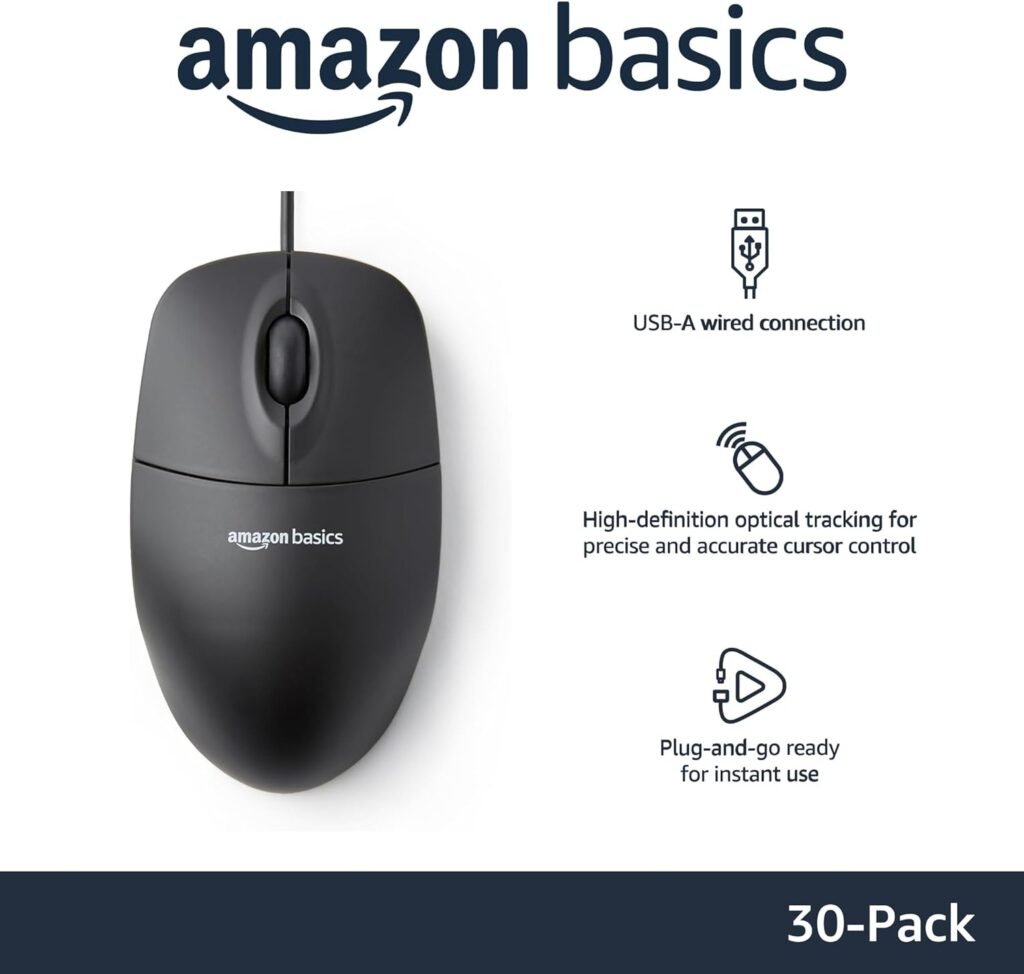 Amazon Basics 3-Button Wired USB Computer Mouse, Single, Black