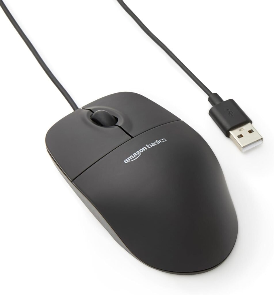 Amazon Basics 3-Button Wired USB Computer Mouse, Single, Black