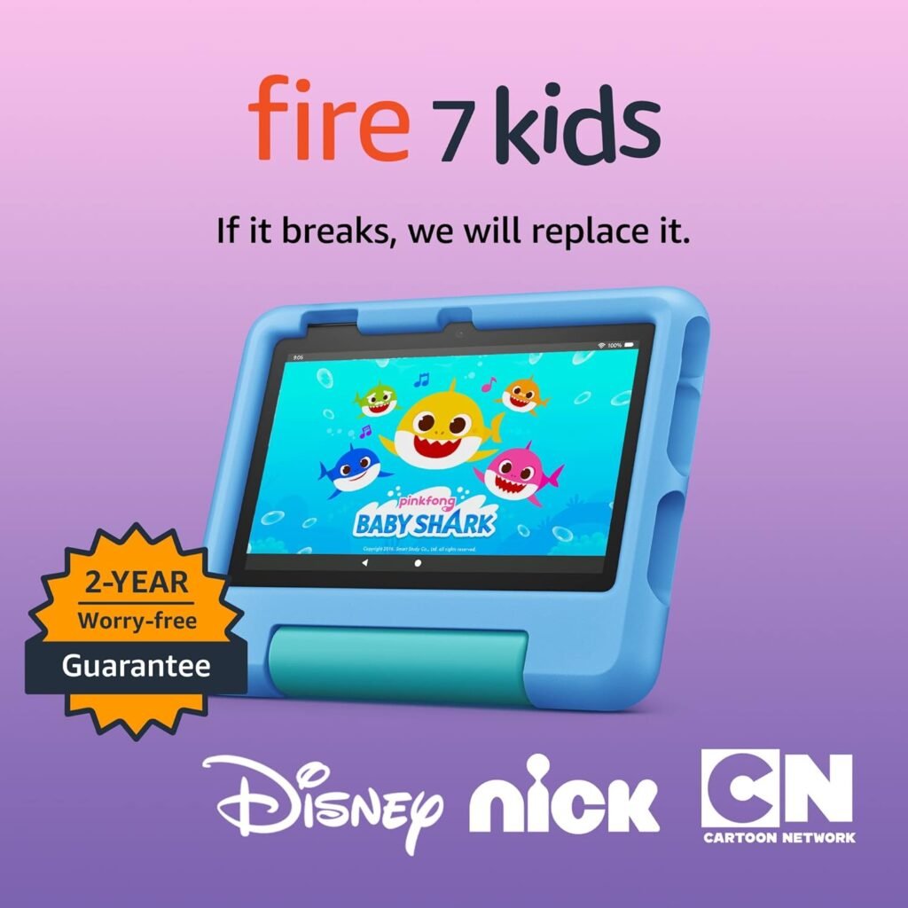 Amazon Fire 7 Kids tablet, ages 3-7. Top-selling 7 kids tablet on Amazon - 2022 | ad-free content with parental controls included, 10-hr battery, 16 GB, Blue