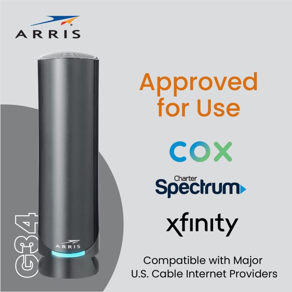 ARRIS Surfboard G34 DOCSIS 3.1 Gigabit Cable Modem  Wi-Fi 6 Router (AX3000) , Approved for Comcast Xfinity, Cox, Spectrum  More , Four 1 Gbps Ports , 1 Gbps Max Internet Speeds