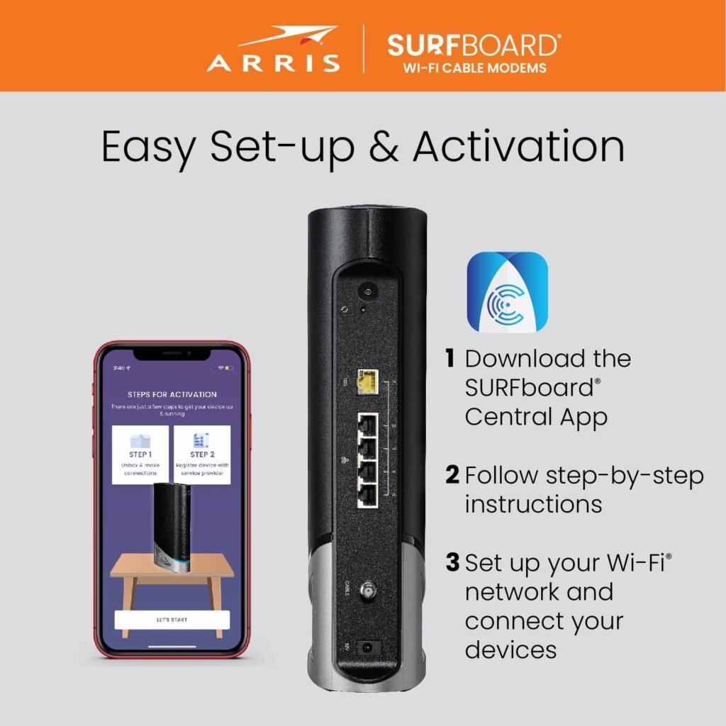 ARRIS SURFboard SB8200 DOCSIS 3.1 Cable Modem , Approved for Comcast Xfinity, Cox, Charter Spectrum,  more , Two 1 Gbps Ports , 1 Gbps Max Internet Speeds , 4 OFDM Channels