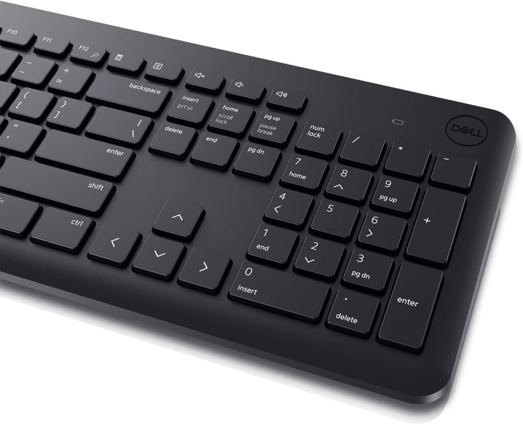 Dell Wireless Keyboard and Mouse - KM3322W, Wireless - 2.4GHz, Optical LED Sensor, Mechanical Scroll, Anti-Fade Plunger Keys, 6 Multimedia Keys, Tilt Leg - Black