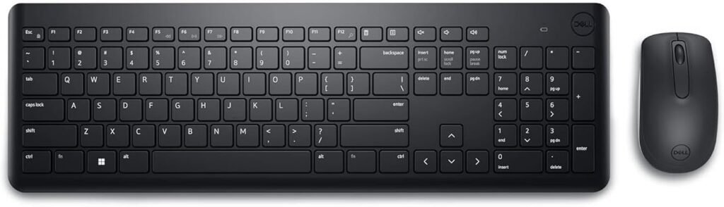 Dell Wireless Keyboard and Mouse - KM3322W, Wireless - 2.4GHz, Optical LED Sensor, Mechanical Scroll, Anti-Fade Plunger Keys, 6 Multimedia Keys, Tilt Leg - Black